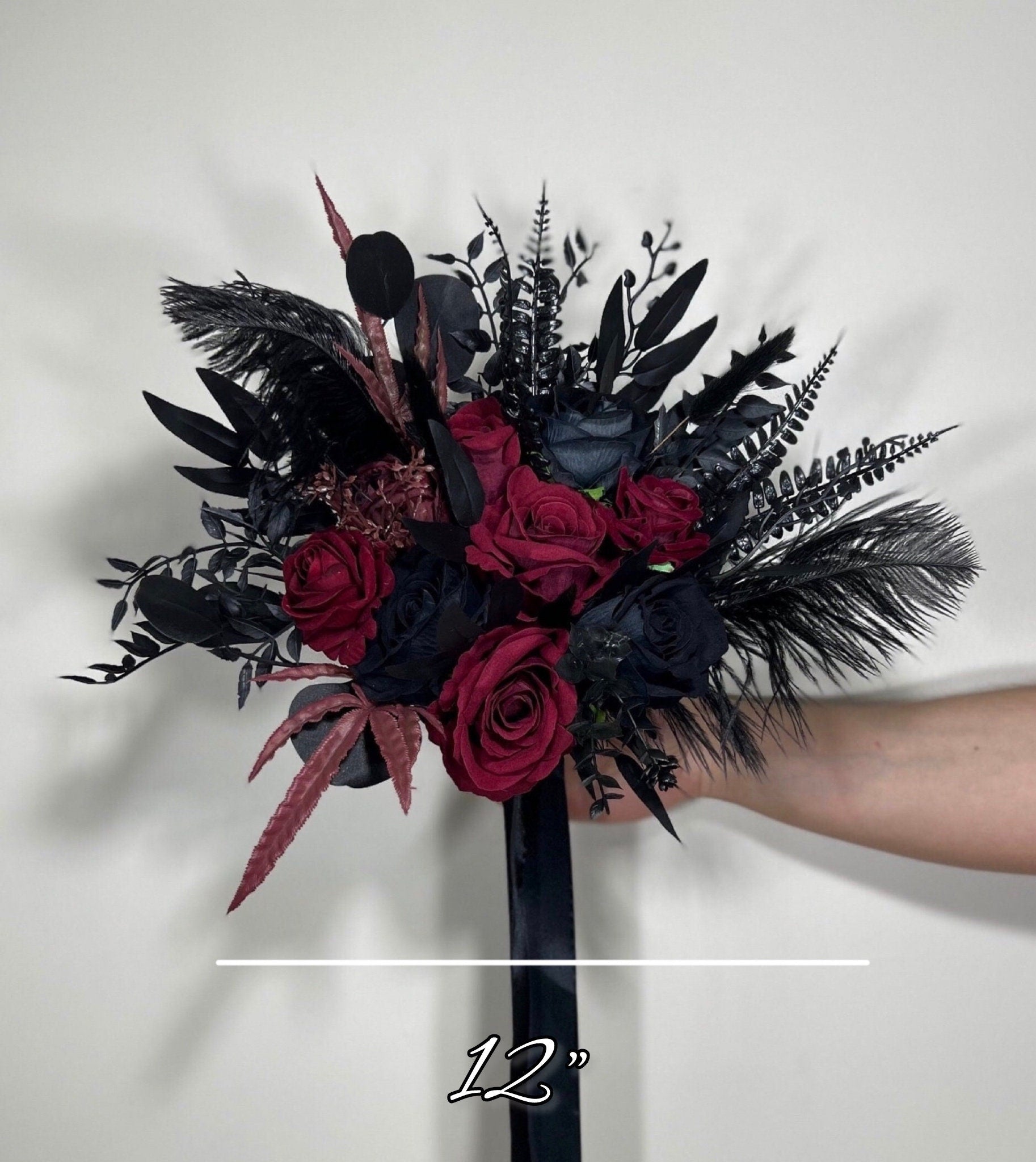 Wedding Bouquet Black Ostrich Feathers Burgundy Bridal Gothic Wedding Halloween Bouquet Bridesmaids Black Decor Burgundy Artificial Flowers