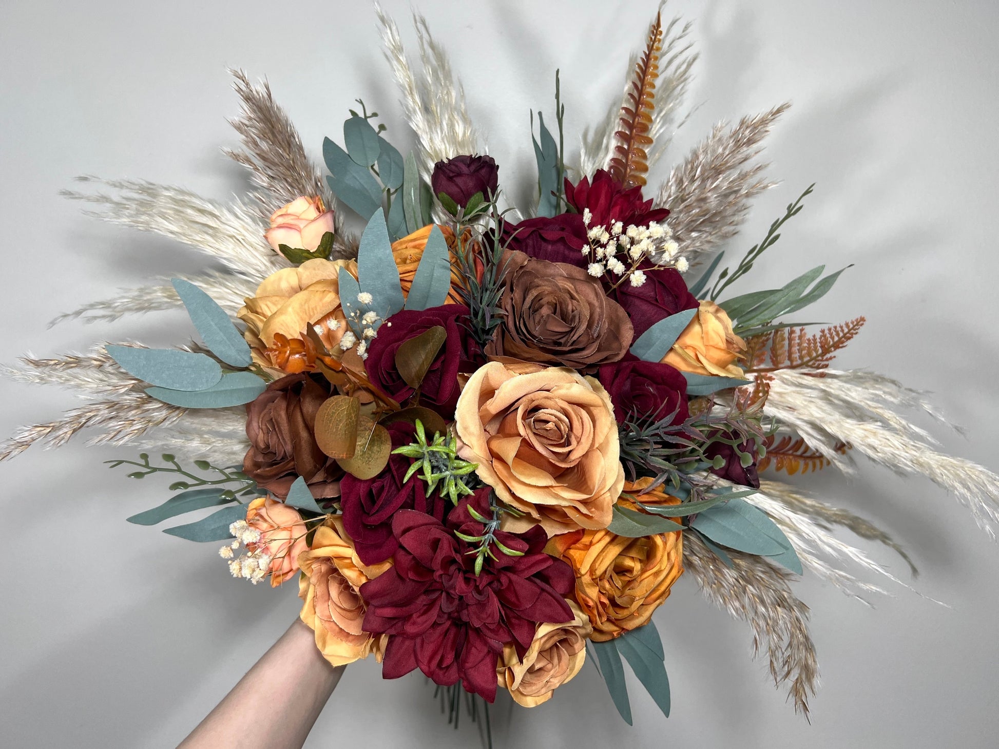 Wedding Bouquet Terracotta Rust Burgundy Burnt Orange Bouquet Bridal Fall Eucalyptus Baby Breath Pampas Grass Cinnamon Artificial Flower