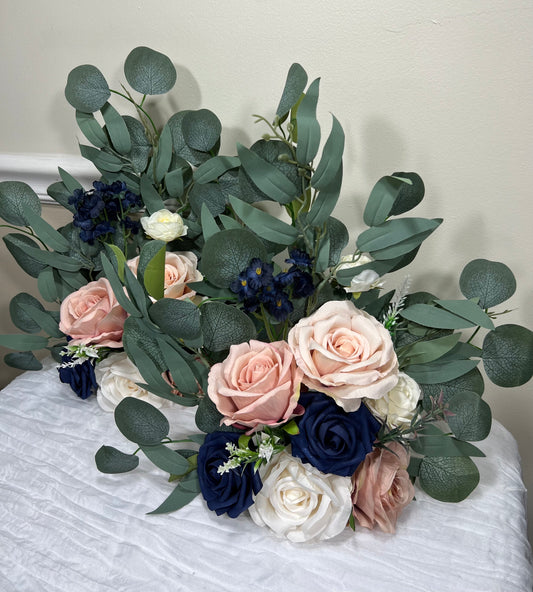 Wedding Aisle Marker Flower Floor Arrangement Whiskey Barrel Décor Pink White Dusty Rose Navy Blue Ground Arch