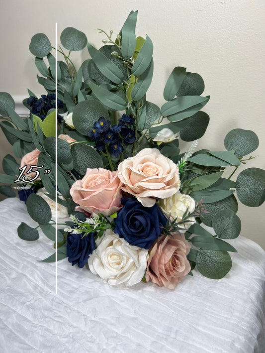 Wedding Aisle Marker Flower Floor Arrangement Whiskey Barrel Décor Pink White Dusty Rose Navy Blue Ground Arch