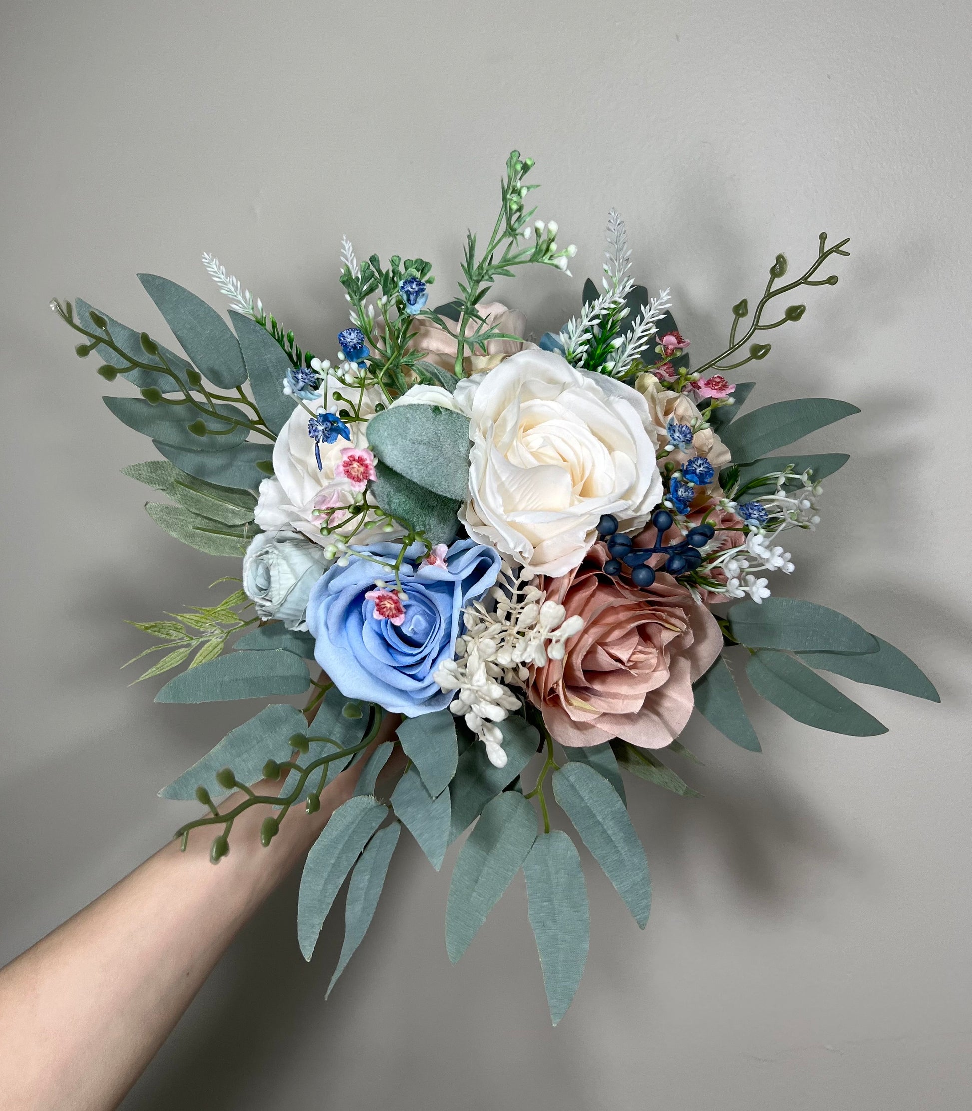 Wedding Bouquet Dusty Blue Bridal Rustic Wedding White Bouquet Wild Flower Dusty Rose Light Blue Sky Eucalyptus Flower Ivory Artificial