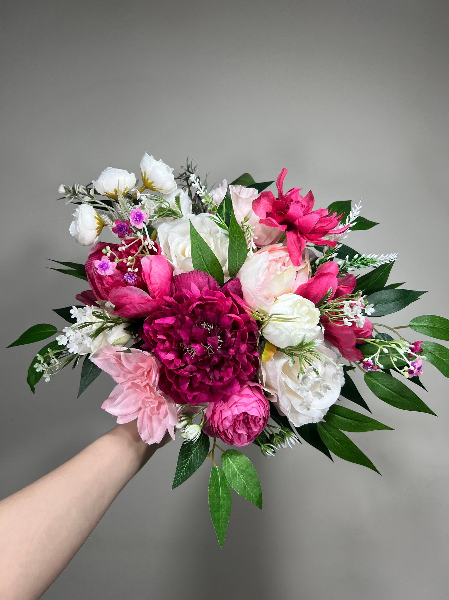 Wedding Fuchsia Bouquet Bridal Viva Magenta Bridesmaids Bouquet Hot Pink Deep Pink Neon Pink Bouquet White Artificial Flower Ivory
