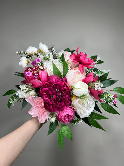 Wedding Fuchsia Bouquet Bridal Viva Magenta Bridesmaids Bouquet Hot Pink Deep Pink Neon Pink Bouquet White Artificial Flower Ivory