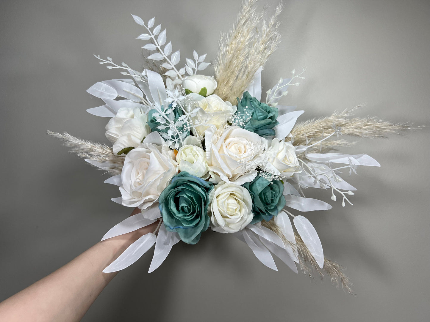 Wedding Teal Bouquet White Boho Bridal Ivory Wedding Teal Bouquet Blue Pampas Grass White Decor Bunny Tails Artificial Flower
