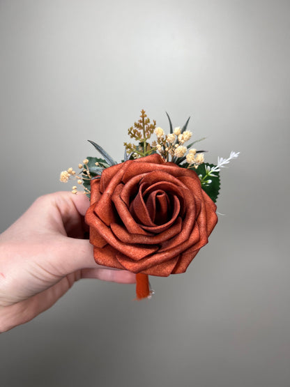 Dark Teal Boutonniere Wedding Groom Rust Orange Teal Boutonnière Burgundy Groomsmen Boutonnière Dark Teal Groom Artificial Flowers Foam