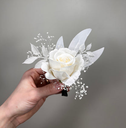 Wedding Corsage White Groom Wedding Groomsmen Boutonnière Ivory Artificial Flowers White Rose Classic Corsage White
