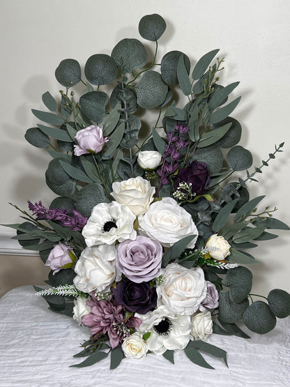 Wedding Aisle Marker Flower Floor Arrangement Whiskey Barrel Décor White Purple Ground Arch Lilac Plum Ivory Anemone