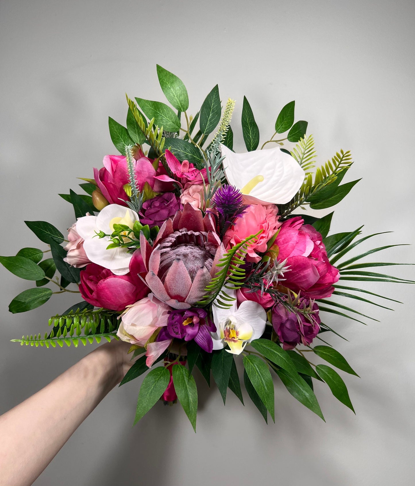 Wedding Fuchsia Bouquet Bridal Viva Magenta Bridesmaids Bouquet Hot Pink Deep Pink Orchid Protea Pink Bouquet White Artificial Flower