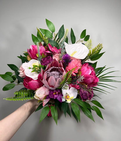 Wedding Fuchsia Bouquet Bridal Viva Magenta Bridesmaids Bouquet Hot Pink Deep Pink Orchid Protea Pink Bouquet White Artificial Flower