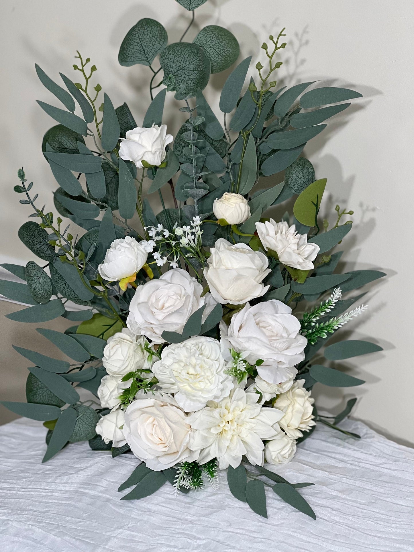 Wedding Aisle Marker Flower Floor Arrangement Whiskey Barrel Décor White Ground Arch IvoryDusty Rose Floor Eucalyptus