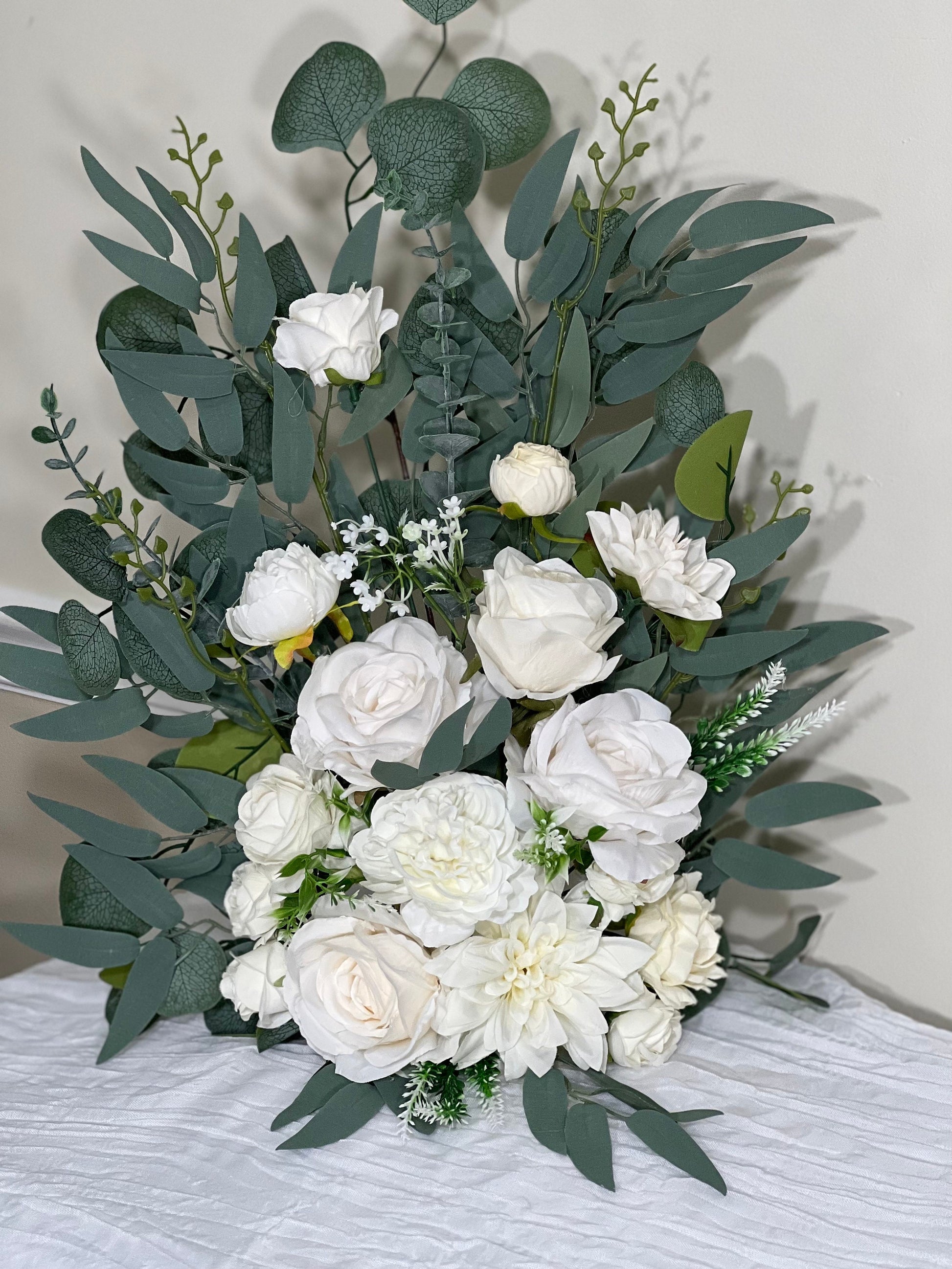 Wedding Aisle Marker Flower Floor Arrangement Whiskey Barrel Décor White Ground Arch IvoryDusty Rose Floor Eucalyptus