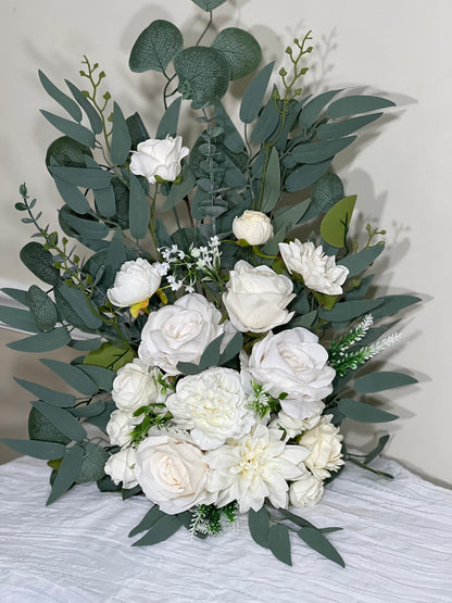 Wedding Aisle Marker Flower Floor Arrangement Whiskey Barrel Décor White Ground Arch IvoryDusty Rose Floor Eucalyptus