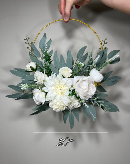 Wedding Hoop White Bridal Ivory Hoop Classic Bridesmaids Ring Wreath Flower Girl Hoop White Eucalyptus Artificial Flower Hydrangea Rose