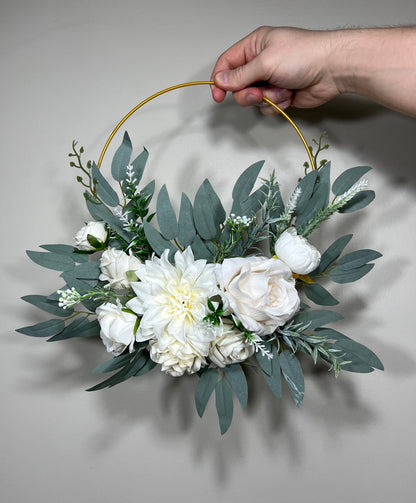 Wedding Hoop White Bridesmaids Hoop White Ring Wreath Flower Girl Hoop White Eucalyptus Floral Hoop Artificial Flower Peony Rose White