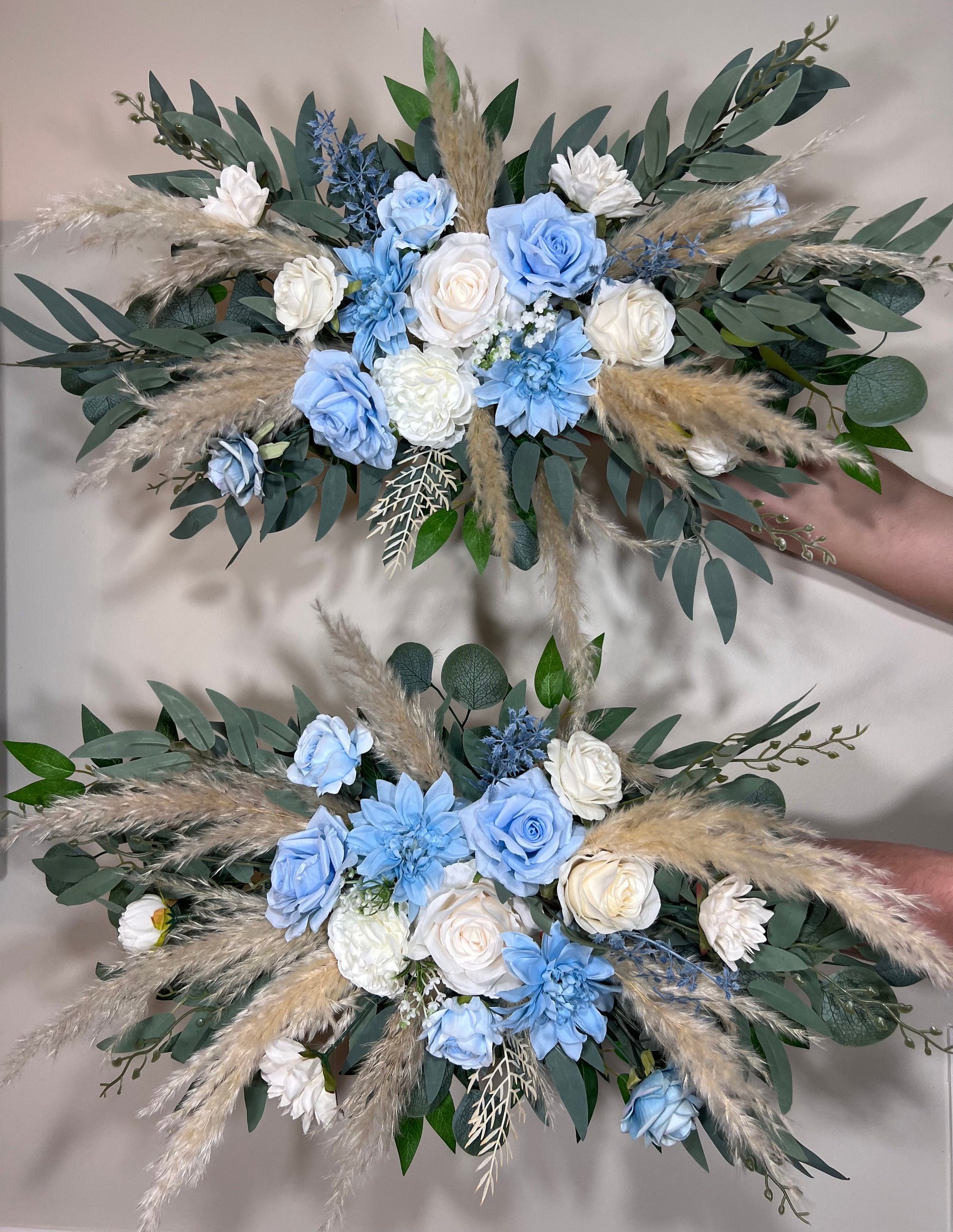 Wedding Arch Arrangement Dusty Baby Blue Rustic White Blue Arch Aisle Arrangement White Arbor Decor Wall Eucalyptus Winter Pampas Grass