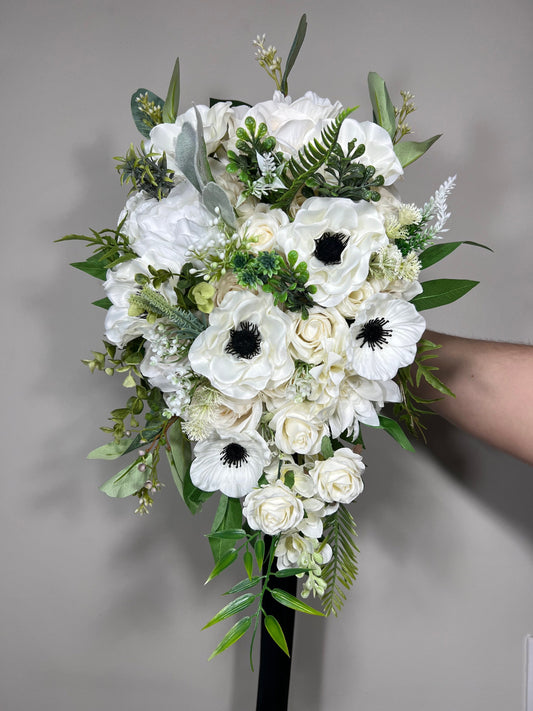 Wedding Bouquet Cascade Anemone White Cascading Bridal Wedding Anemone Bouquet Ivory Bridemaids Bouquet Eucalyptus Artificial Flower