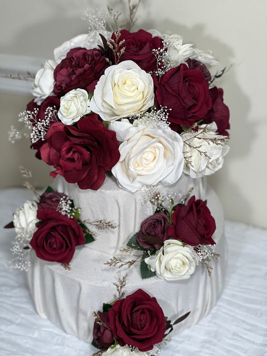 Wedding Cake Decoration Burgundy Topper Decor White Cake Arrangements Wedding Burgundy Ivory Cake Decor Wedding Artificial Flowers Topper
