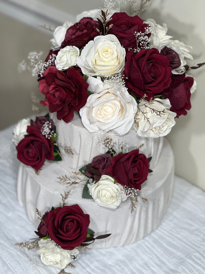 Wedding Cake Decoration Burgundy Topper Decor White Cake Arrangements Wedding Burgundy Ivory Cake Decor Wedding Artificial Flowers Topper