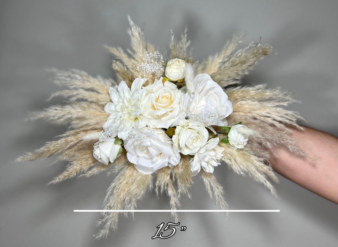 Wedding Bouquet Boho White Bridal Bouquet Pampas Grass Ivory Bridesmaids Decor Palms Leaves White Artificial Flower Dried Dahlia White Rose