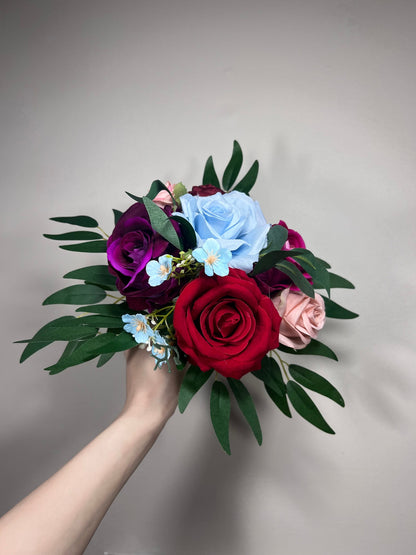 Wedding Bouquet Jewel Tone Red Bridal Wedding Dusty Rose Bridesmaids Bouquet Pink Blue Purple Dark Greenery Purple Burgundy