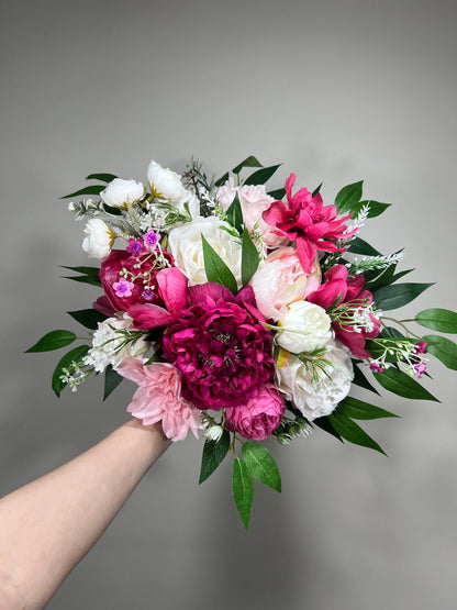 Wedding Fuchsia Bouquet Bridal Viva Magenta Bridesmaids Bouquet Hot Pink Deep Pink Neon Pink Bouquet White Artificial Flower Ivory