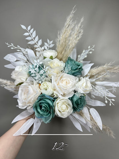 Wedding Teal Bouquet White Boho Bridal Ivory Wedding Teal Bouquet Blue Pampas Grass White Decor Bunny Tails Artificial Flower