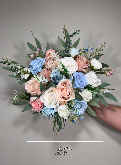 Wedding Bouquet Dusty Blue Bridal Rustic Wedding White Bouquet Wild Flower Dusty Rose Light Blue Sky Eucalyptus Flower Ivory Pink Blue