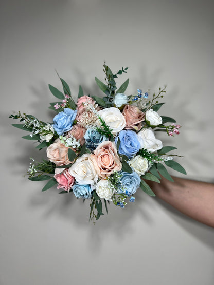 Wedding Bouquet Dusty Blue Bridal Rustic Wedding White Bouquet Wild Flower Dusty Rose Light Blue Sky Eucalyptus Flower Ivory Pink Blue