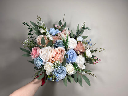 Wedding Bouquet Dusty Blue Bridal Rustic Wedding White Bouquet Wild Flower Dusty Rose Light Blue Sky Eucalyptus Flower Ivory Pink Blue