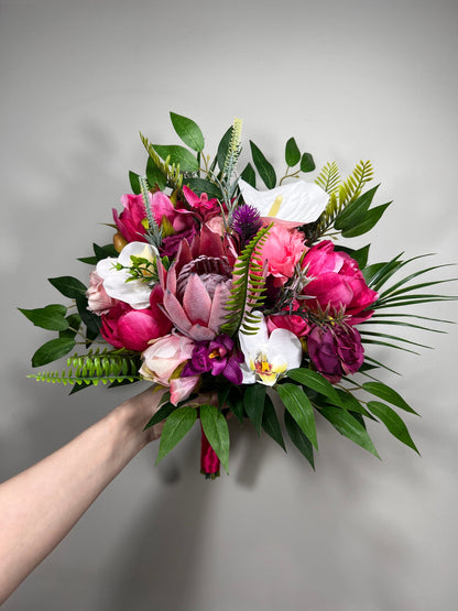 Wedding Fuchsia Bouquet Bridal Viva Magenta Bridesmaids Bouquet Hot Pink Deep Pink Orchid Protea Pink Bouquet White Artificial Flower
