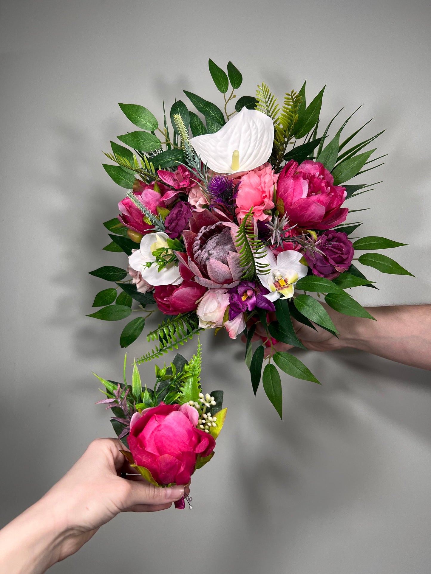 Wedding Fuchsia Bouquet Bridal Viva Magenta Bridesmaids Bouquet Hot Pink Deep Pink Orchid Protea Pink Bouquet White Artificial Flower