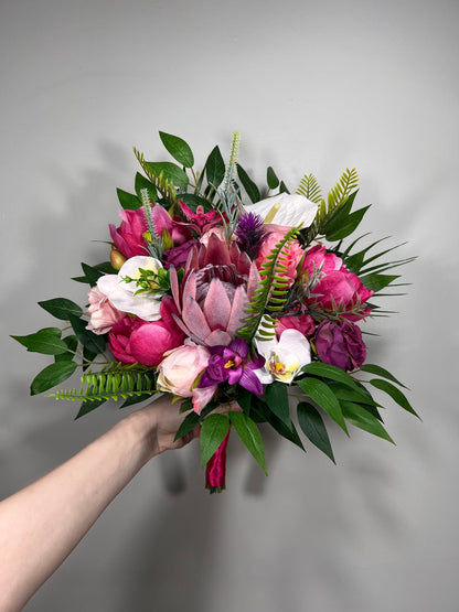 Wedding Fuchsia Bouquet Bridal Viva Magenta Bridesmaids Bouquet Hot Pink Deep Pink Orchid Protea Pink Bouquet White Artificial Flower
