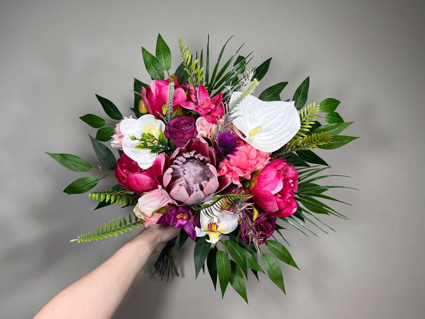 Wedding Fuchsia Bouquet Bridal Viva Magenta Bridesmaids Bouquet Hot Pink Deep Pink Orchid Protea Pink Bouquet White Artificial Flower