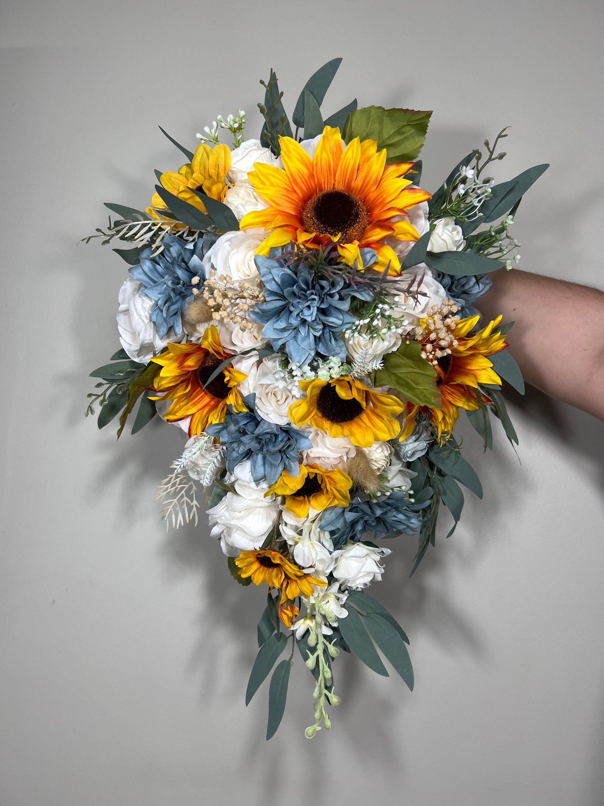 Wedding Bouquet White Bridal Cascade Sunflower Bouquet Cascading Ivory Dusty Blue Sunflower Bridesmaids Bouquet Blue Artificial Flowers
