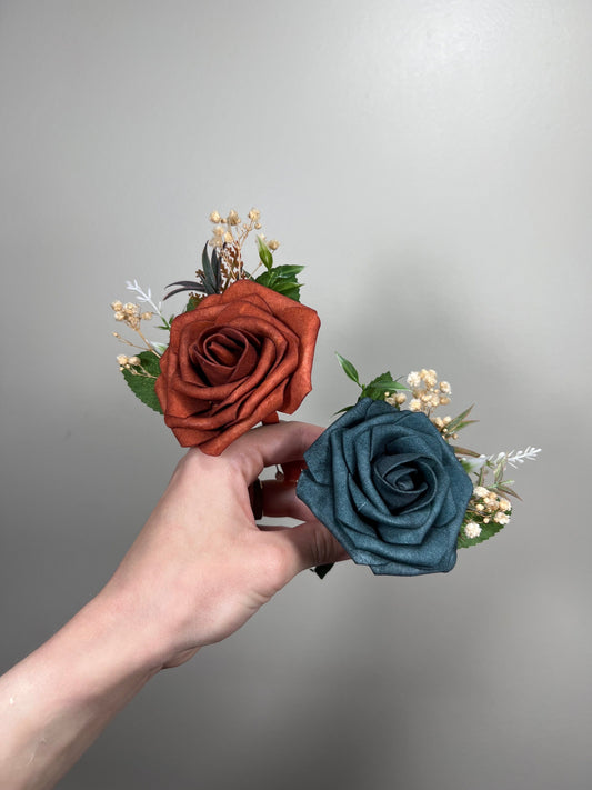 Dark Teal Boutonniere Wedding Groom Rust Orange Teal Boutonnière Burgundy Groomsmen Boutonnière Dark Teal Groom Artificial Flowers Foam