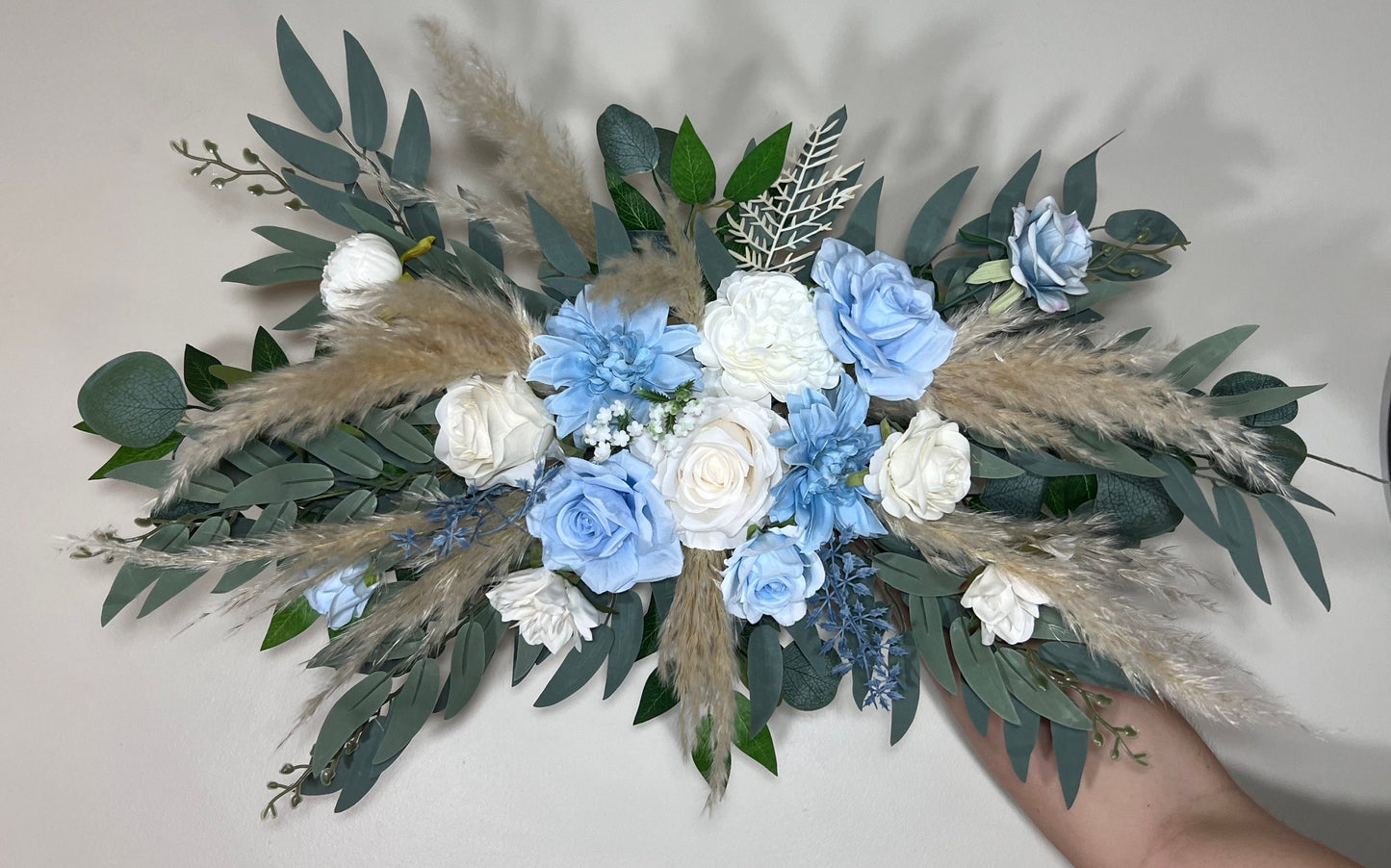 Wedding Arch Arrangement Dusty Baby Blue Rustic White Blue Arch Aisle Arrangement White Arbor Decor Wall Eucalyptus Winter Pampas Grass