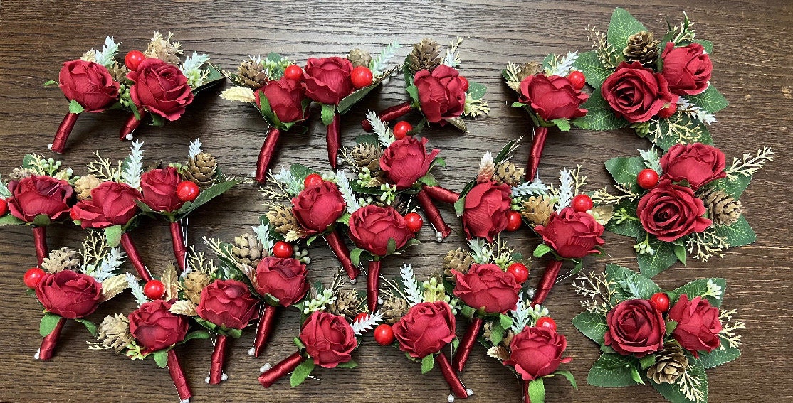 Christmas White Gold Red Boutonniere Wedding Groom Boutonnières Groomsmen Ivory Boutonnière Christmas Pine Cone Artificial Flowers