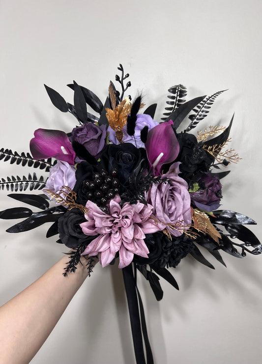 Wedding Bouquet Black Purple Bridal Gothic Bouquet Black Dark Purple Bridesmaids Bouquet Black Purple Calla Lily Gold Artificial Flower