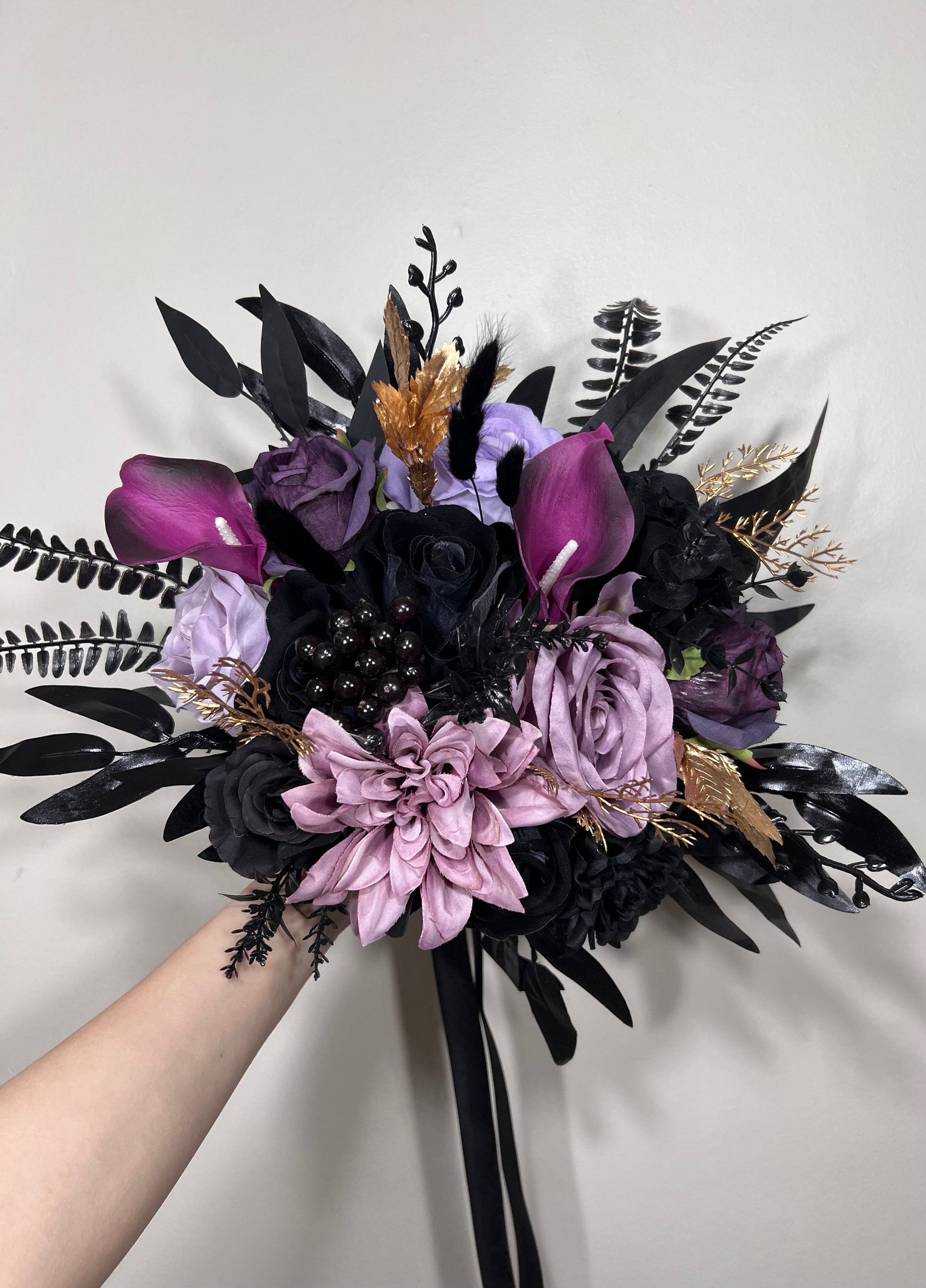 Wedding Bouquet Black Purple Bridal Gothic Bouquet Black Dark Purple Bridesmaids Bouquet Black Purple Calla Lily Gold Artificial Flower
