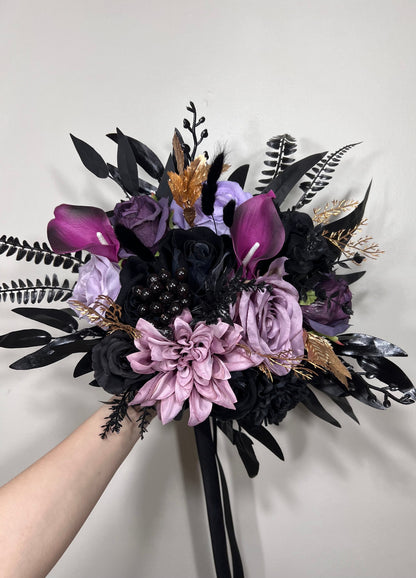 Wedding Bouquet Black Purple Bridal Gothic Bouquet Black Dark Purple Bridesmaids Bouquet Black Purple Calla Lily Gold Artificial Flower