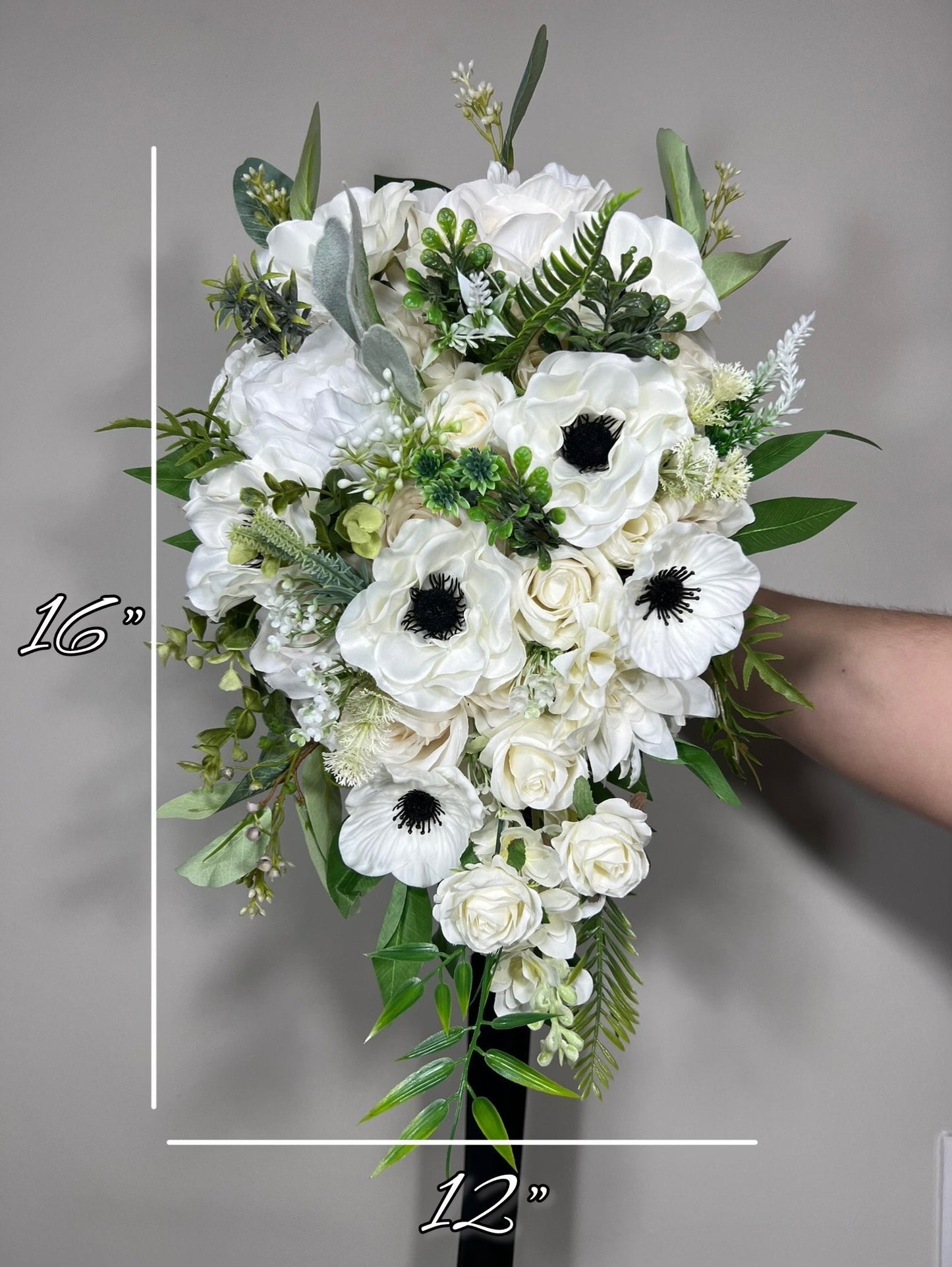 Wedding Bouquet Cascade Anemone White Cascading Bridal Wedding Anemone Bouquet Ivory Bridemaids Bouquet Eucalyptus Artificial Flower