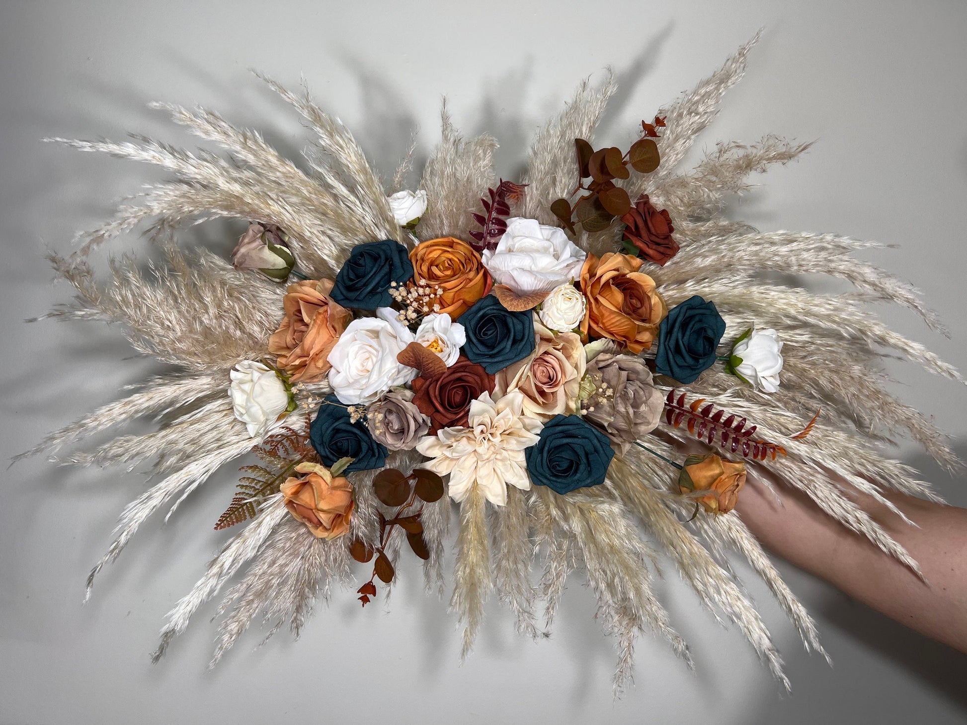 Wedding White Arch Arrangement Dark Teal Arch Terracotta Aisle Arrangement Rust Artificial Flowers Teal Pampas Grass Centerpiece Ivory