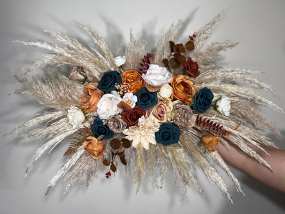 Wedding White Arch Arrangement Dark Teal Arch Terracotta Aisle Arrangement Rust Artificial Flowers Teal Pampas Grass Centerpiece Ivory