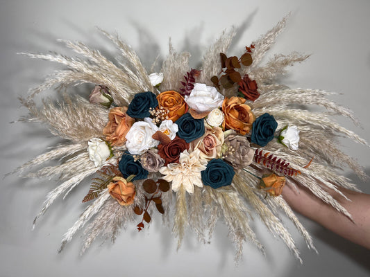 Wedding White Arch Arrangement Dark Teal Arch Terracotta Aisle Arrangement Rust Artificial Flowers Teal Pampas Grass Centerpiece Ivory