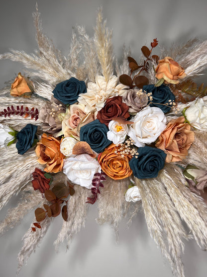Wedding White Arch Arrangement Dark Teal Arch Terracotta Aisle Arrangement Rust Artificial Flowers Teal Pampas Grass Centerpiece Ivory