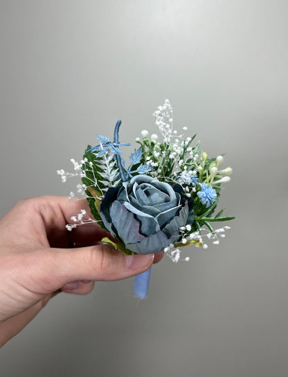 Wedding Boutonniere Dusty Blue Groom Wedding Groomsmen Boutonnière Blue Artificial Flowers Dusty Blue Peony Classic Boutonniere Baby Breath