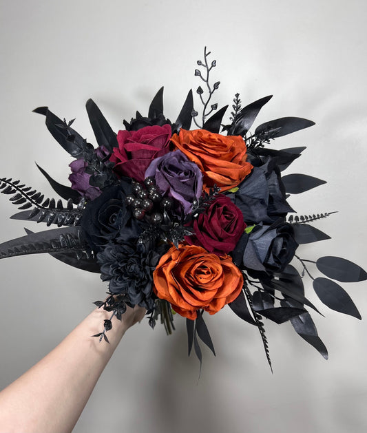 Wedding Bouquet Black Burgundy Bridal Wedding Gothic Gold Halloween Bouquet Black Decor Burgundy Handmade Artificial Flower Bridesmaids