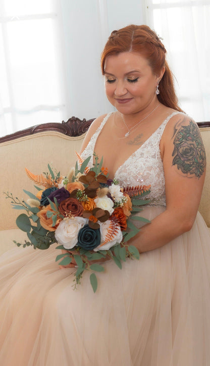 Wedding Dark Teal Bouquet Rust Orange Bridal Purple Bridesmaids Bouquet Terracotta Dark Purple Artificial Flowers Dark Teal White