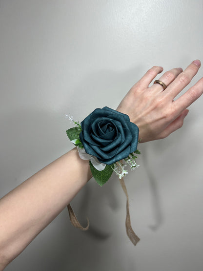 Dark Teal Corsage Wedding Teal Corsage Mom Corsage Deep Teal Rust Terracotta Corsage Burnt Orange Artificial Flowers