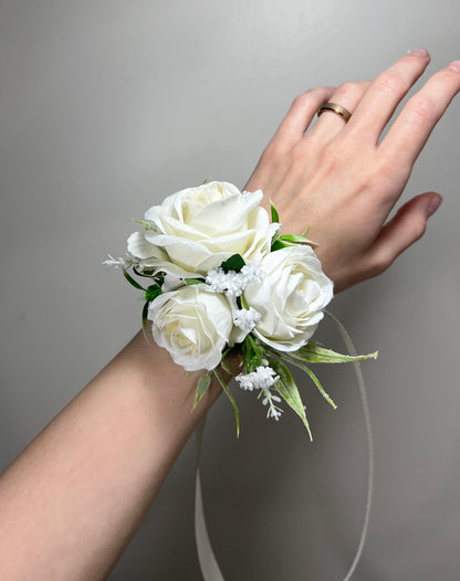 White Wedding Corsage Ivory Classic Wrist Pin-on Bridesmaids Prom Décor Mom Accessories Artificial Flower Baby's Breath DUP